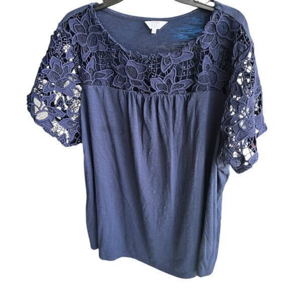 CROWN & IVY navy blue lace sleeves light jersey knit scoop neck plus size 1X
